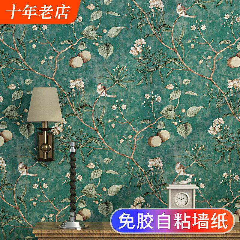 自贴壁纸自粘家用不织布墙贴纸卧室温馨房间美式田园覆古花鸟壁纸