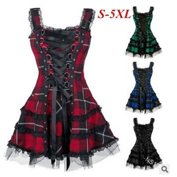 trendy lace Womens with mini eyelets dress plaid and skirt