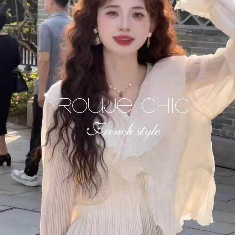 法国rouje chic春季法式黄色荷叶边宽松衬衫长袖V领气质上衣女