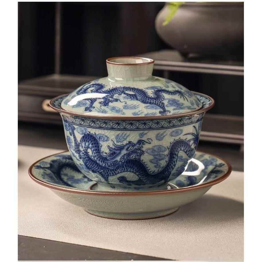 景德镇青花老陶泥开片可养九龙三才盖碗茶碗卧足杯单杯家功夫茶具