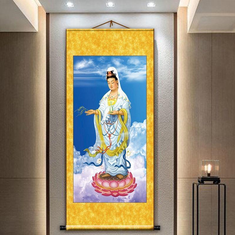 南无观世音菩萨送子观世音菩萨画像佛像供奉丝绢布卷轴装饰画
