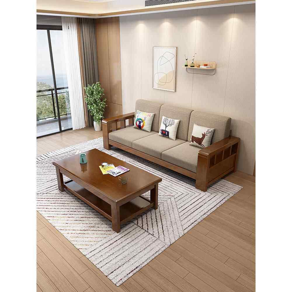 9W中式实木沙发现代简约家用小户型客厅三人位木质布艺沙发组合家