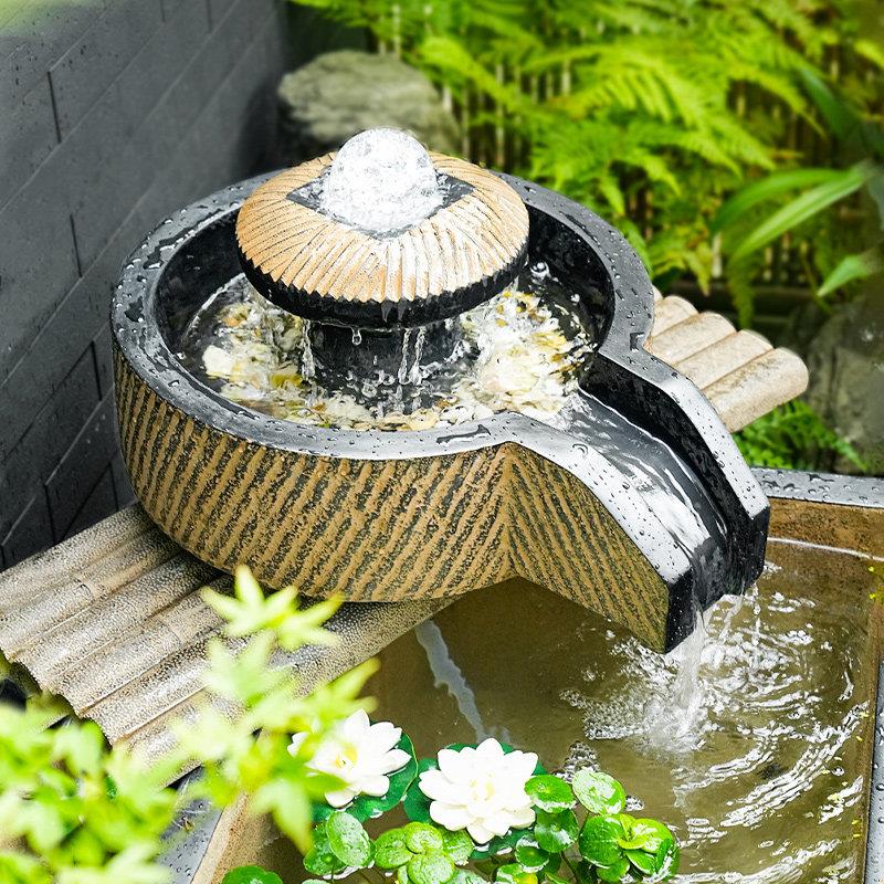 户外人造石石磨流水摆件循环水造景石磨磨盘室外花园假山景观鱼缸