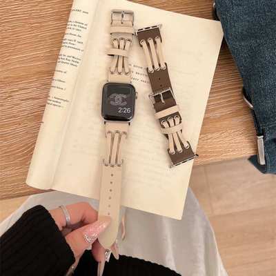 新色皮绳真皮拼接表带适用于苹果78iwatch65SE女款休闲通勤百搭s9