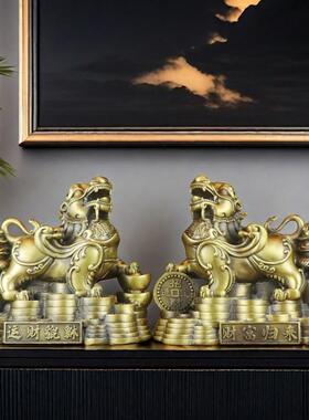 黄铜貔貅元宝聚宝盆摆件一对皮丘客厅店铺涨势办公室桌面招财装饰
