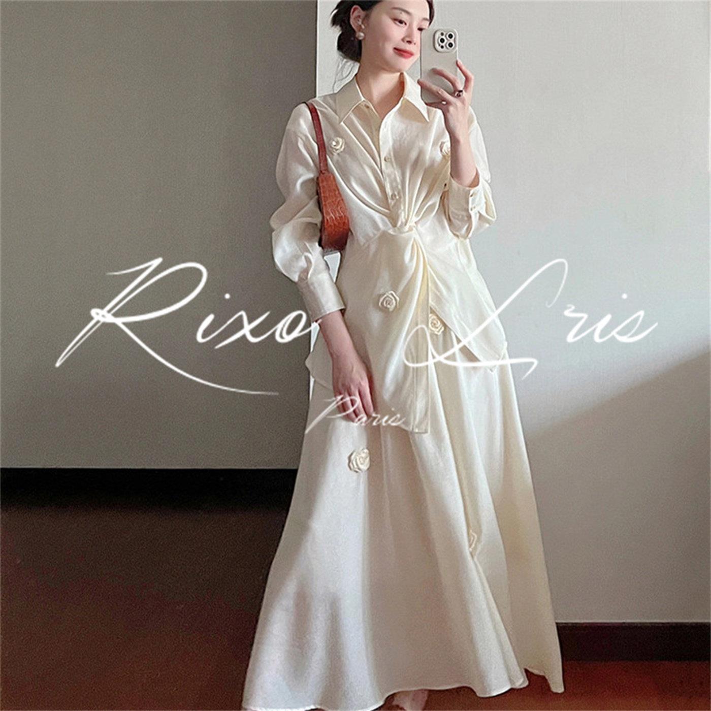 RIXO LRIS法式立体花朵连衣裙两件套女春高级设计感衬衫长裙套装