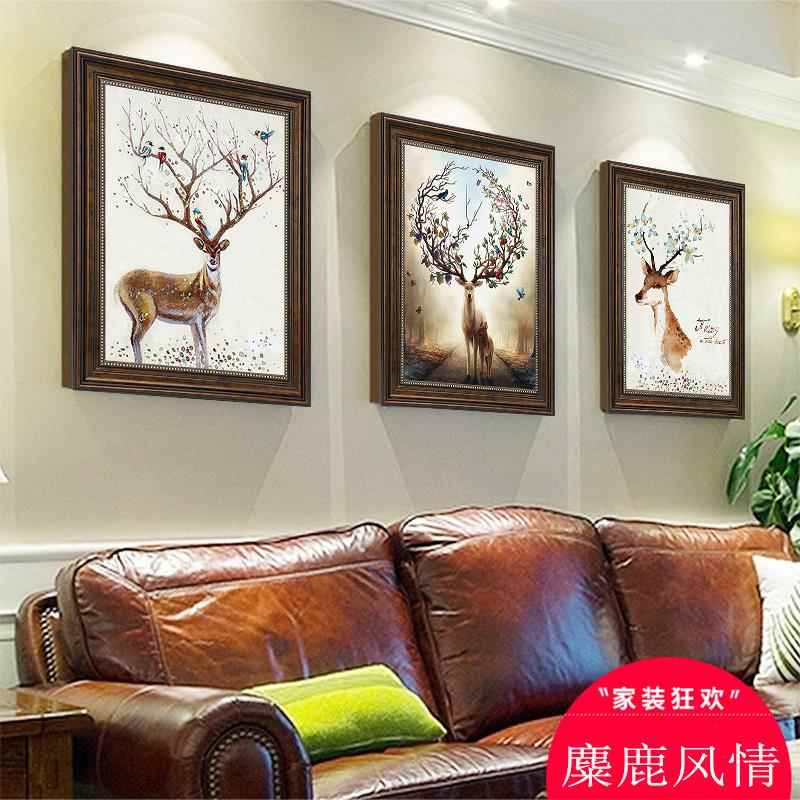 麋鹿美式客厅三联装饰画沙发背景墙欧式走廊玄关壁画餐厅卧室挂画图片