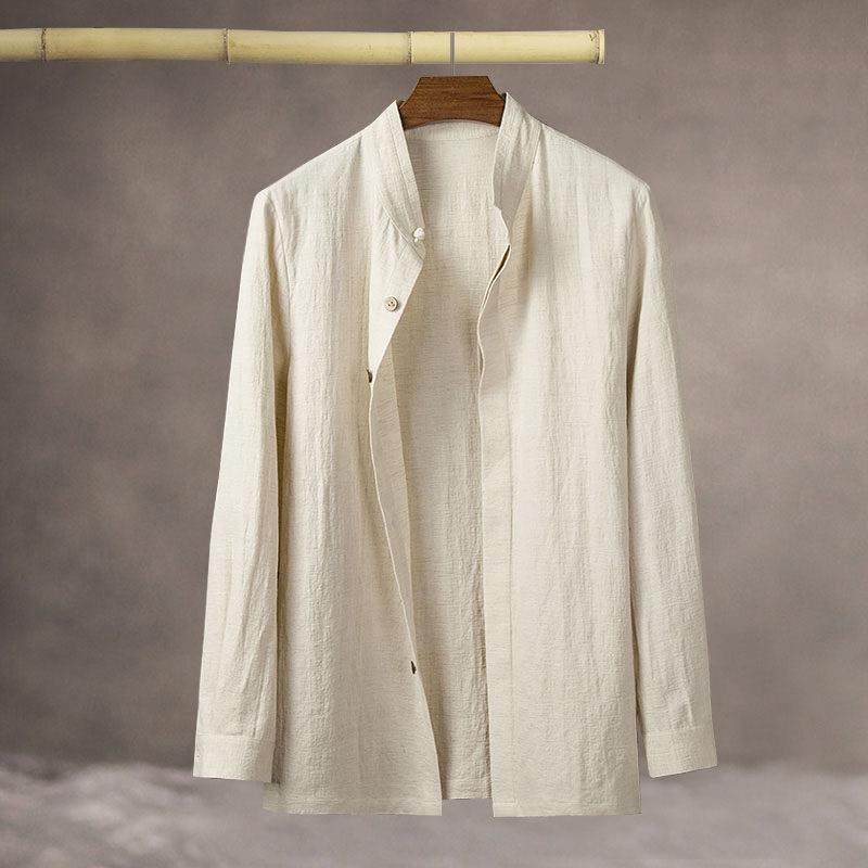 Home Daily~新中式棉麻衬衫覆古立领亚麻提花休闲唐装男外套汉服