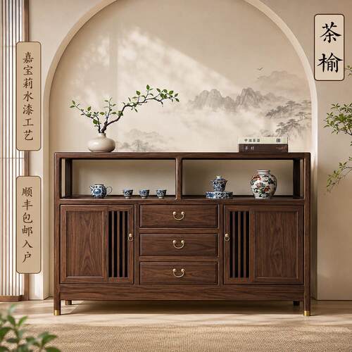 老榆木新中式实木餐边柜双门型家庭靠墙展示柜简约现代茶室玄关柜