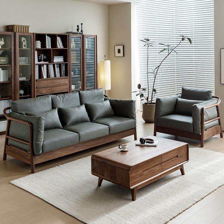 北欧黑胡桃木实木沙发客厅现代简约轻奢小户型四人位真皮沙发三人