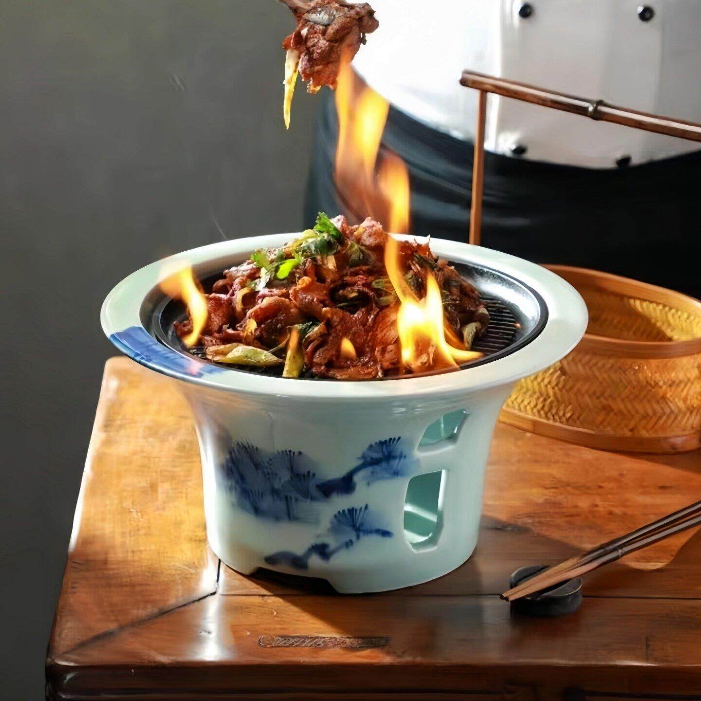高档青花陶瓷炉配铁板明炉牛排盘炙子羊肉保温加热创意饭厅用餐具