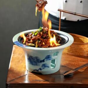 高档青花陶瓷炉配铁板明炉牛排盘炙子羊肉保温加热创意饭厅用餐具