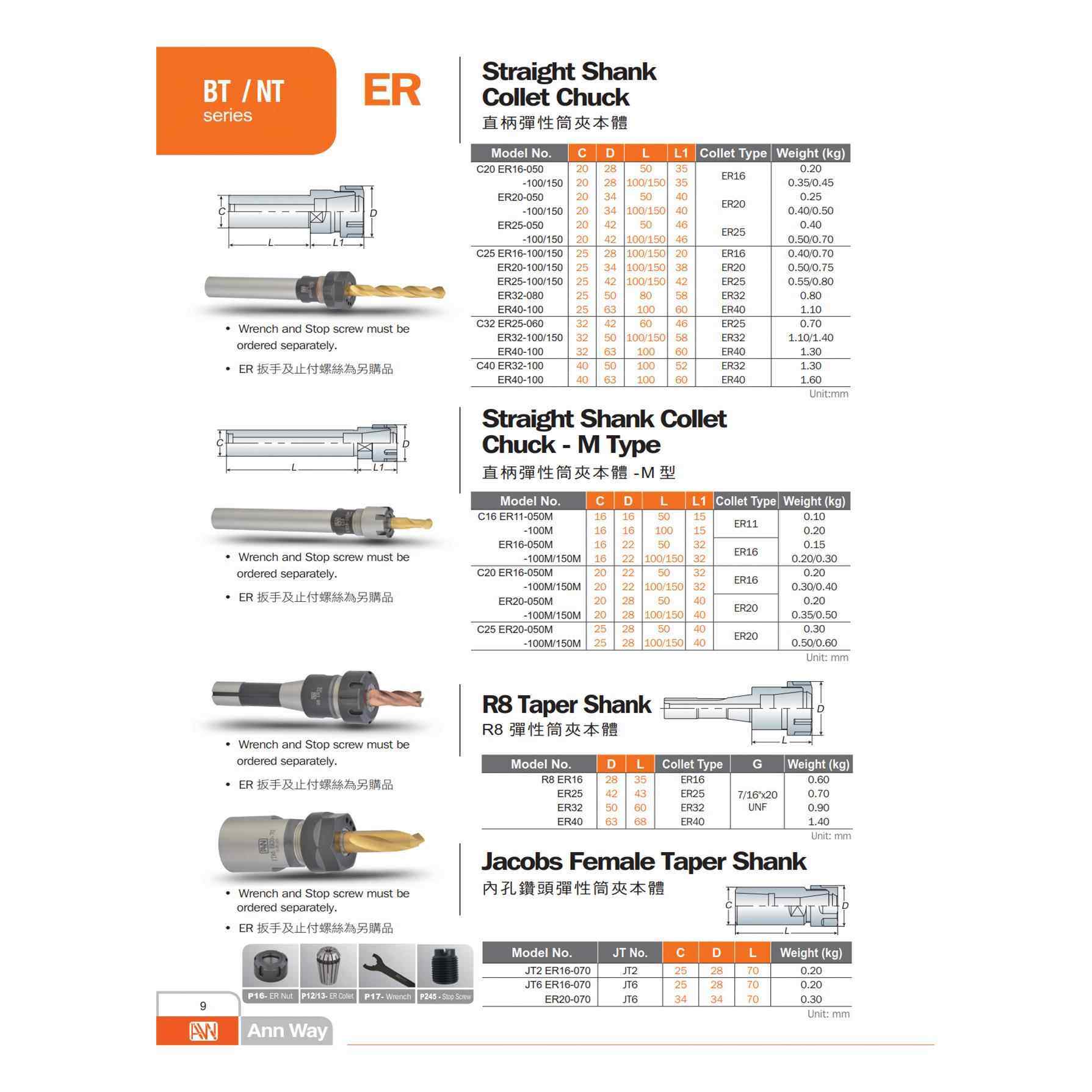 台湾安威AW弹性筒夹本体C16/20/25/32/40-ER16/20全系列可订