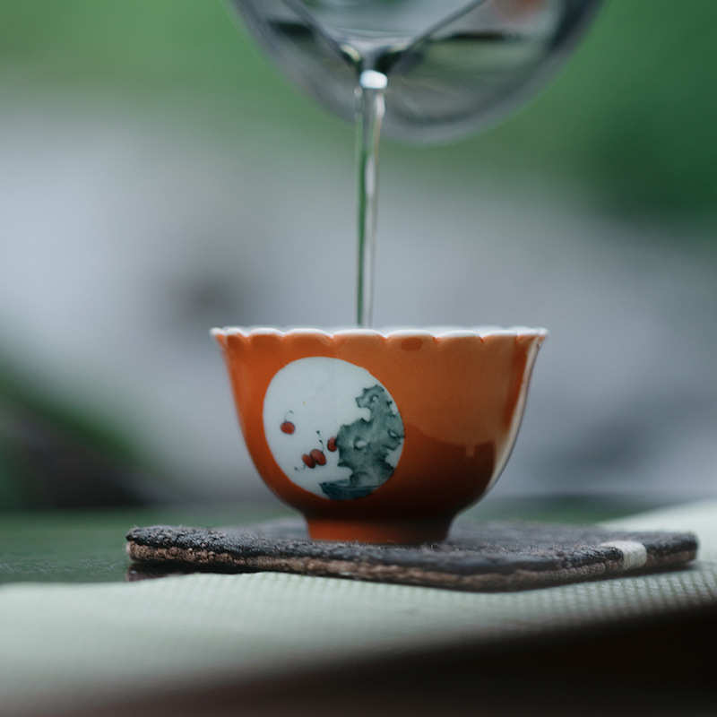 无落景德镇手绘开窗矾红品茗杯茶具盖碗文房观石菊花口杯喝茶杯