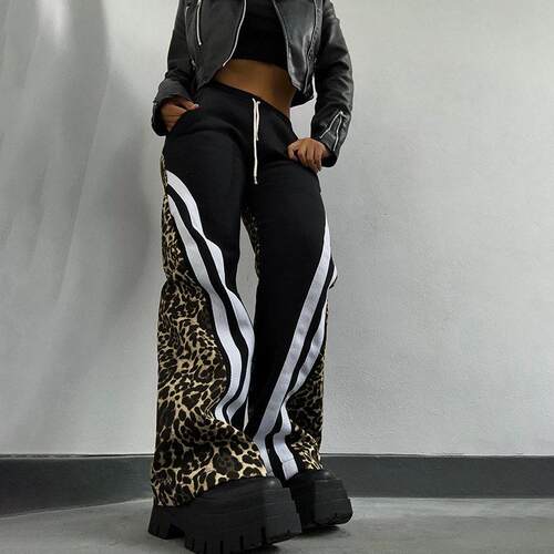 Women's black leopard print with white contrast stripes
