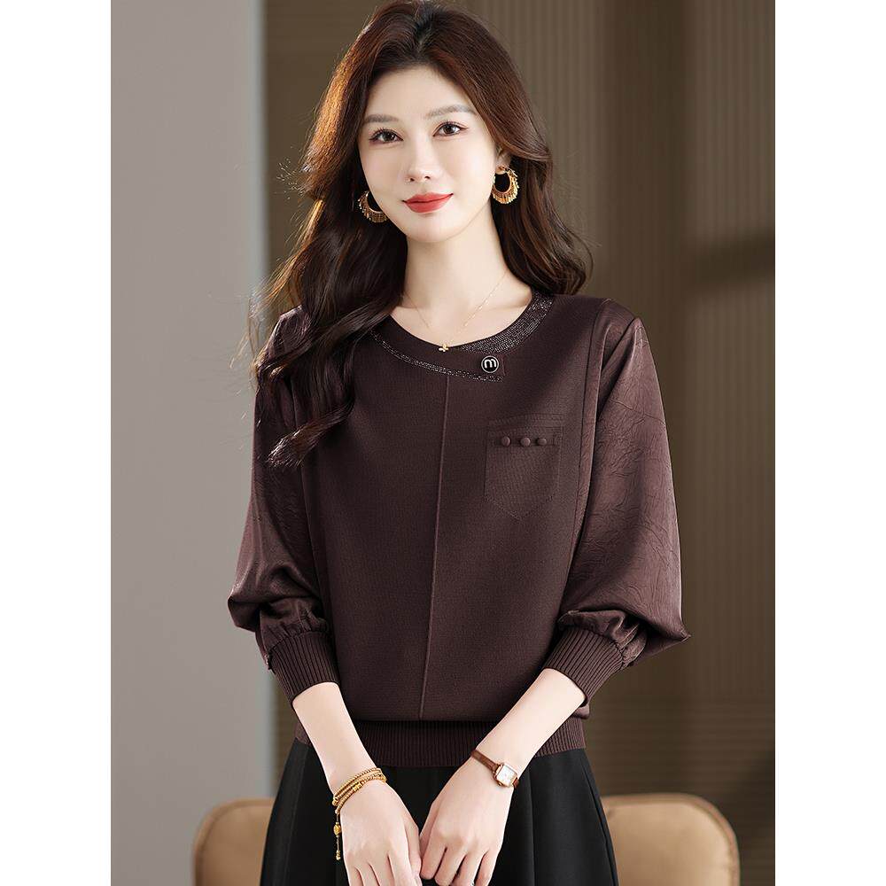 妈妈大码秋装打底衫宽松遮肚子显瘦上衣2025新款薄款拼接针织衫女