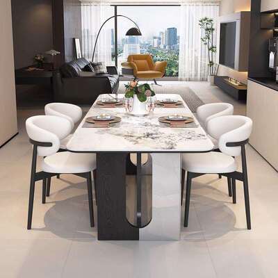 不型钢全托亮光岩板XTM餐桌椅锈组合新现款家用小户长方形代简约