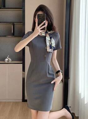 灰色短袖连衣裙女夏装气质职业正装销售前台工装裙子美容院工作服