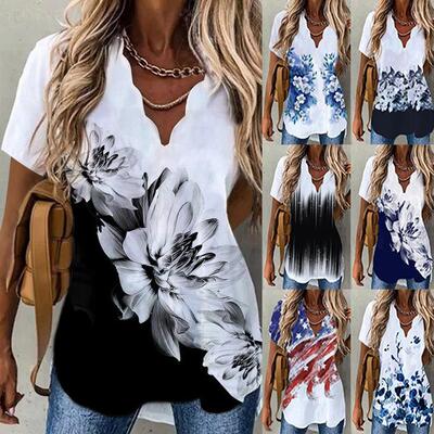 Women's wavy collar shirt with printed short sleeved