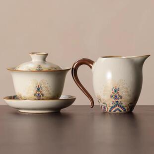 正品三才盖碗茶杯三件套防茶烫汝窑碗茶盅高具泡茶女士一人档饮茶