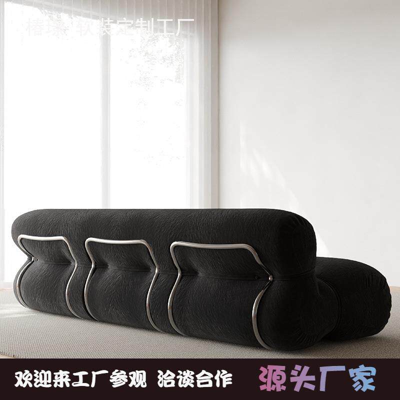 设计师钢牙绒布沙发小户型客厅北欧复古风工作室拉扣异形三人沙发