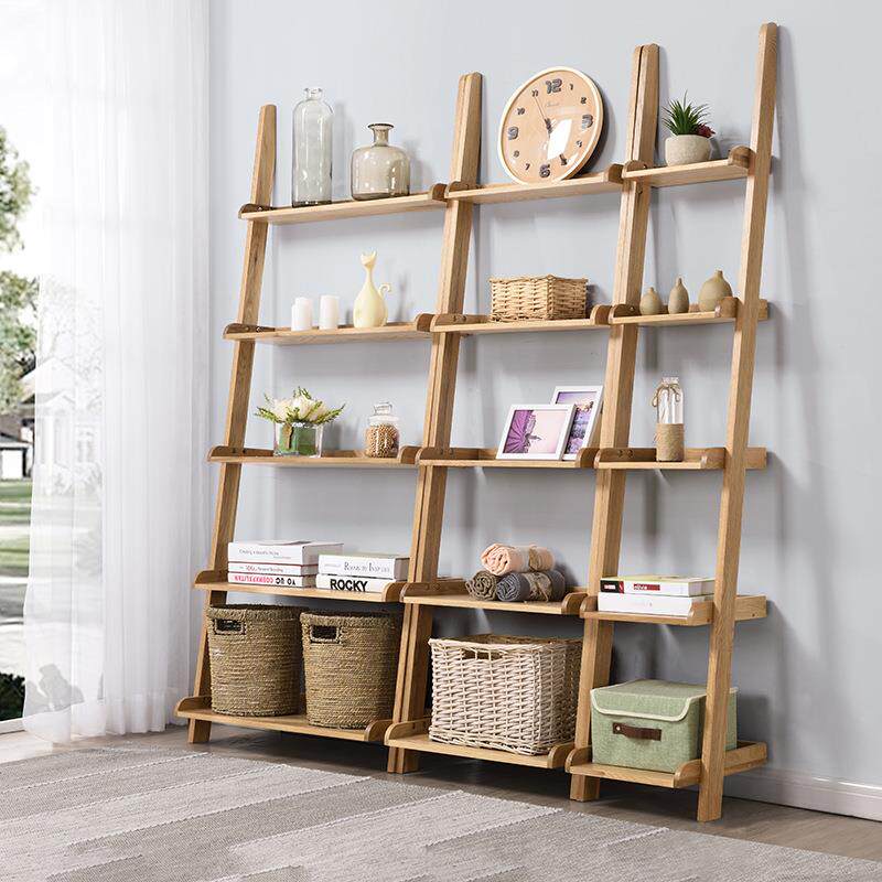 北欧橡木书架梯形置物架实木书架落地多层客厅梯子靠墙架阶梯式