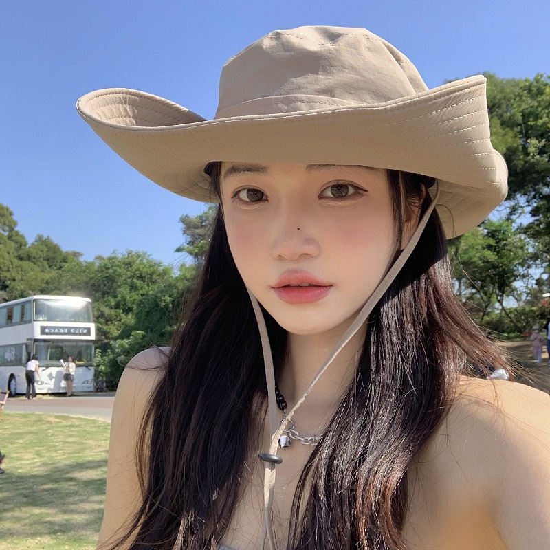 户外露营大帽檐登山辣妹帽子女显脸小防紫外线西部牛仔渔夫帽男士