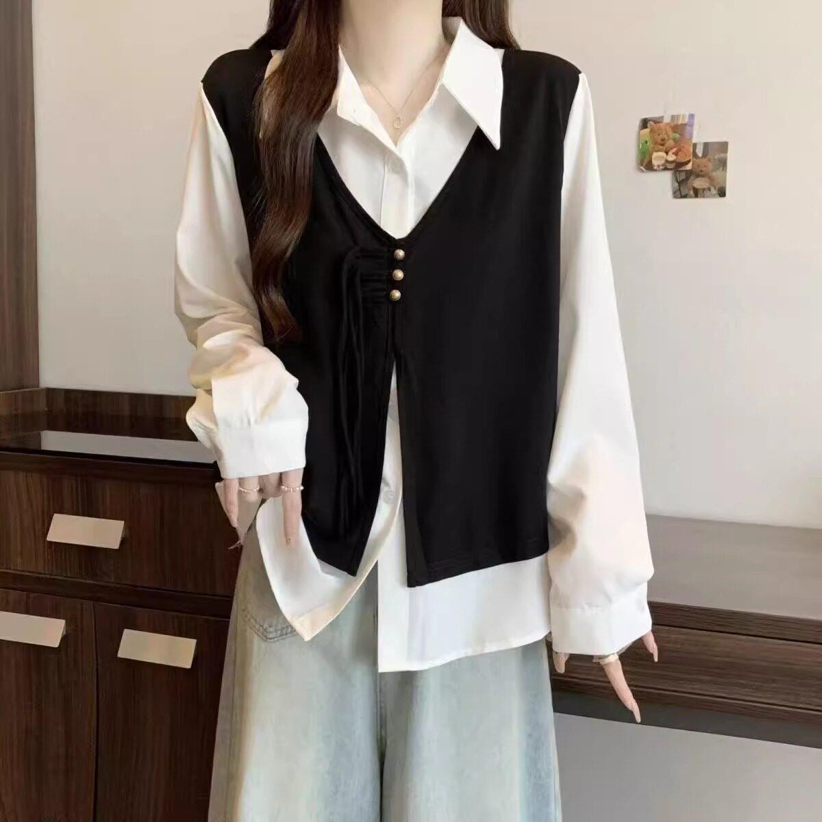 极速大码胖MM韩版宽松设计感遮肚子假两件小香风马甲衬衫女显瘦上