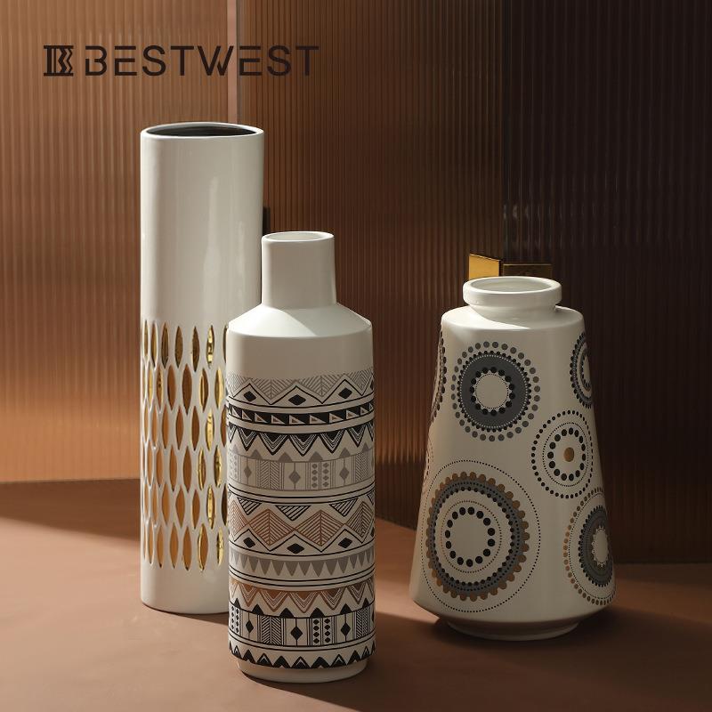 Bestwest北欧几何线条彩绘陶瓷花器插花瓶客厅玄关软装饰品摆件