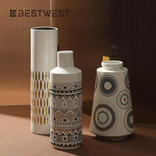 Best west 北欧几何线条彩绘陶瓷花器插花瓶客厅玄关软装饰品摆件