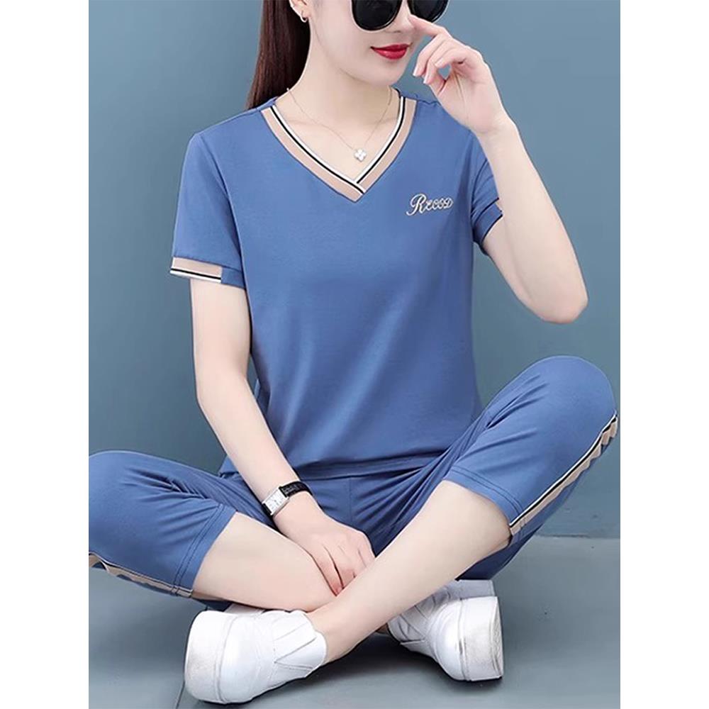 时尚休闲运动套装女士2025夏季新款洋气宽松大码短袖七分裤两件套