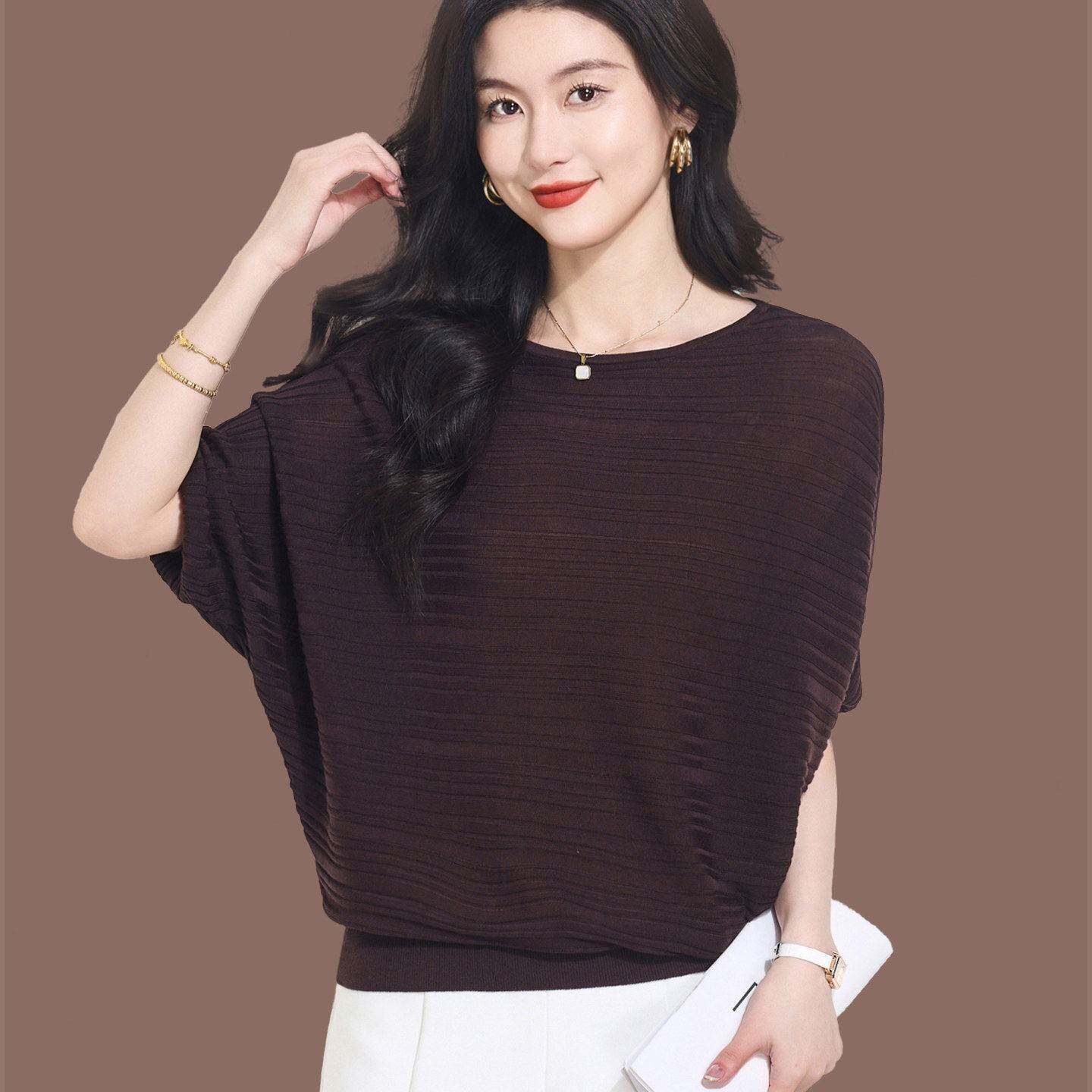 薄款桑蚕丝中袖t恤女2026春装中年妈妈圆领针织蝙蝠衫夏季上衣