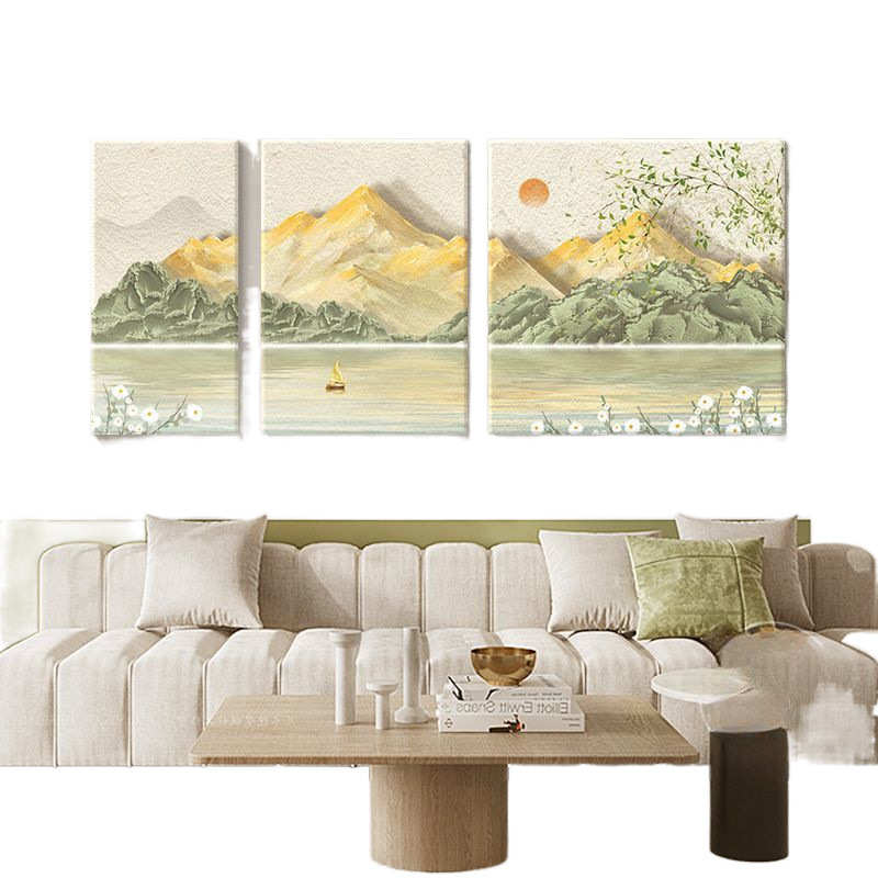 奶油风客厅装饰画沙发背景墙挂画简约小清新三联壁画山水风景画