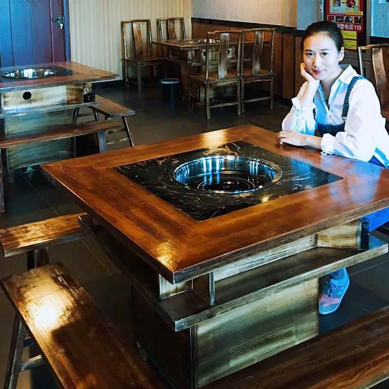 市井串串香烧烤火锅店大理石火锅桌子电磁炉一体餐馆商用实木餐桌