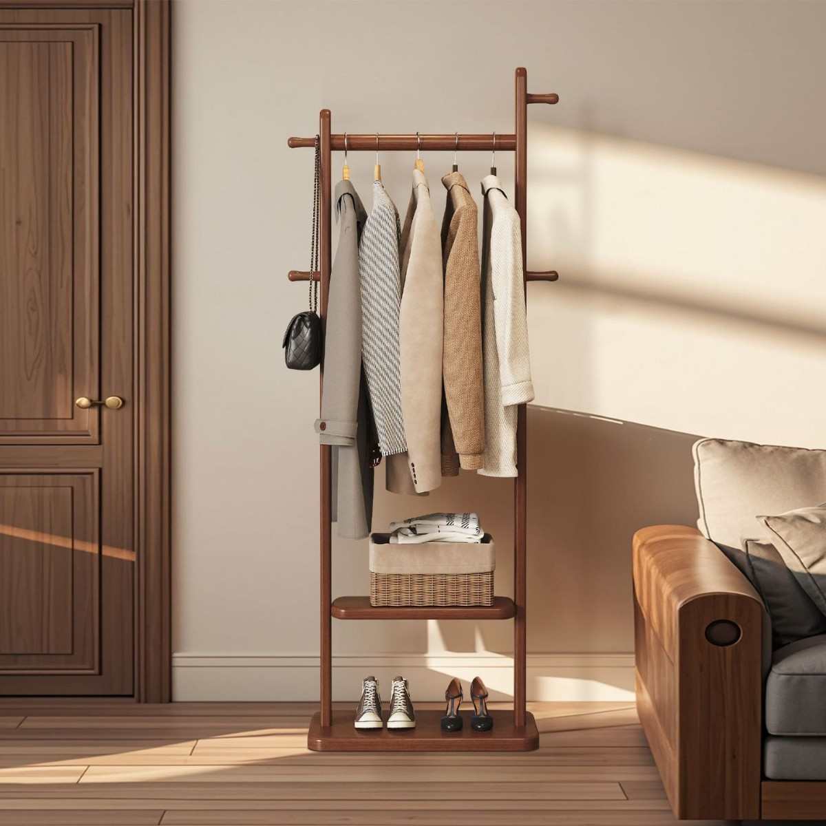 卧室落地挂衣架中式简易衣架不占地小型挂衣服的架子家用衣帽架