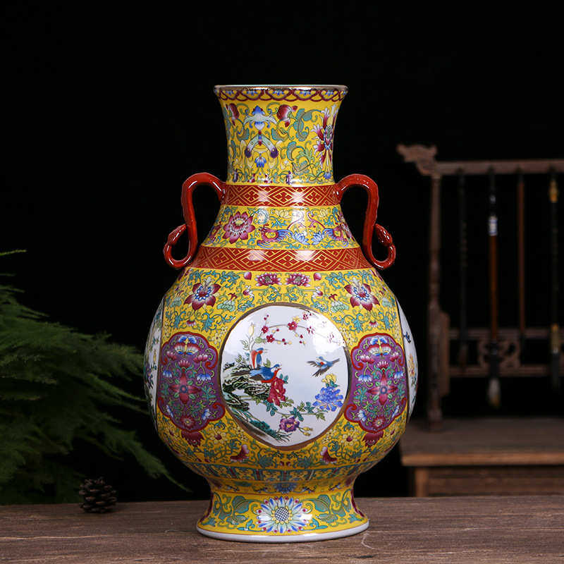 景德镇陶瓷花瓶仿古中式瓷器装饰品摆件工艺品珐琅彩开窗花鸟福筒,家居饰品,花瓶,淘宝优惠券,粉丝福利购,淘宝优惠卷