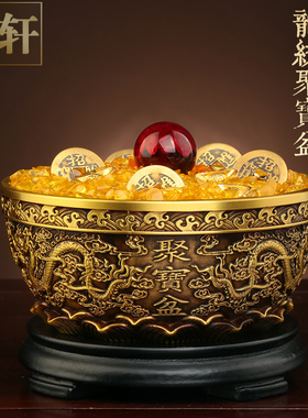 实心纯黄铜双龙聚宝盆摆件中式客厅家居办公室店铺存钱罐米缸全铜