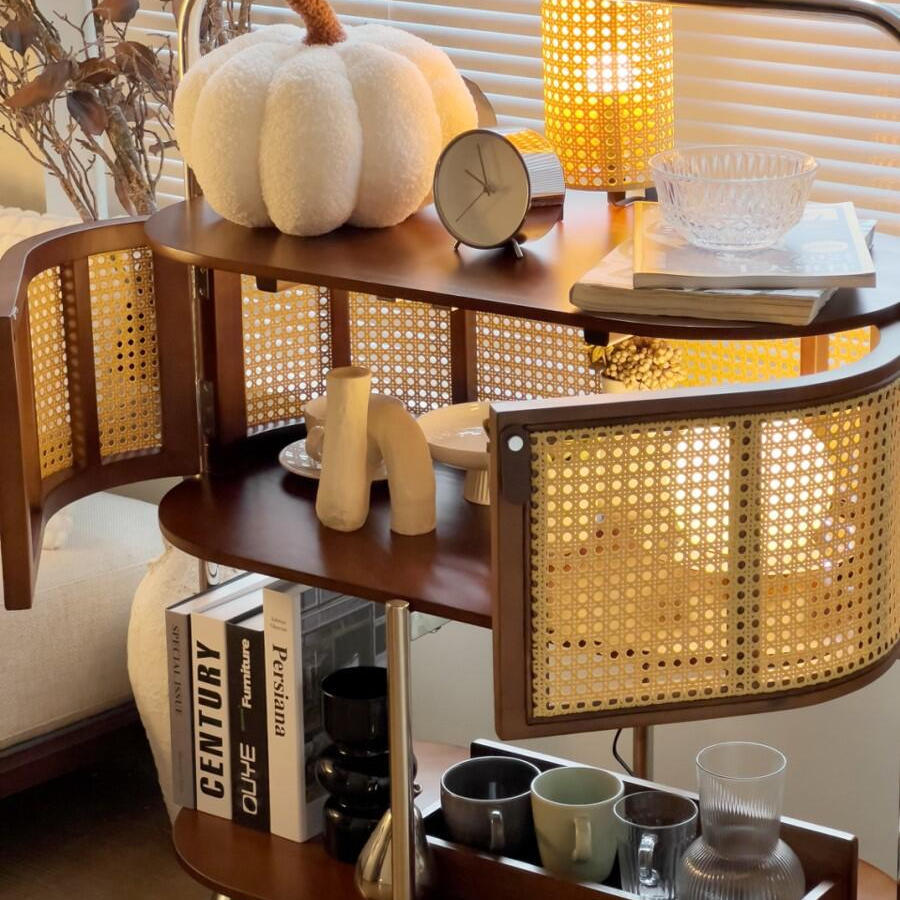 中覆古实木藤编可移动推车沙发茶边几法式小户型客厅收纳置物架子