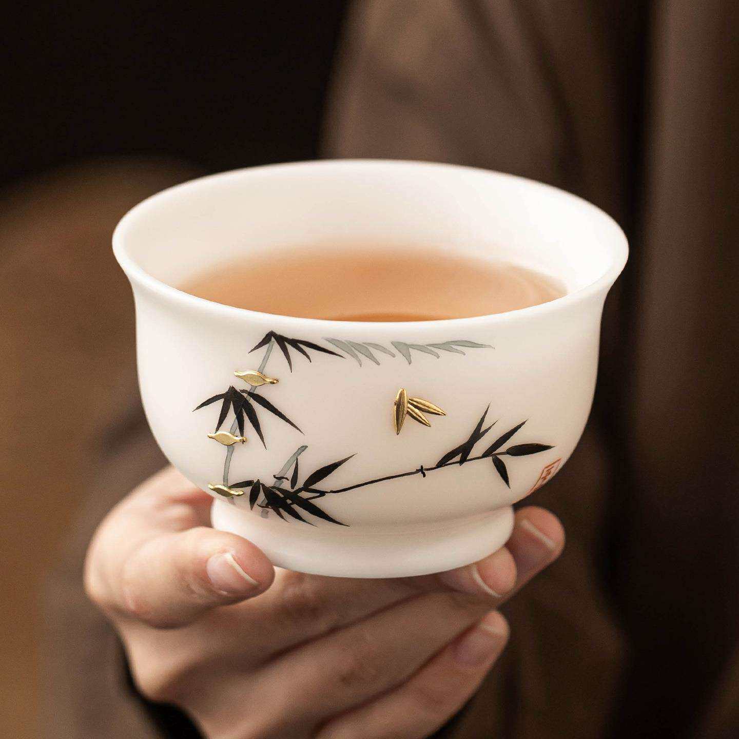 工厂描金墨竹锔钉茶杯高端个人专用品茗杯中式陶瓷茶具单杯主人杯