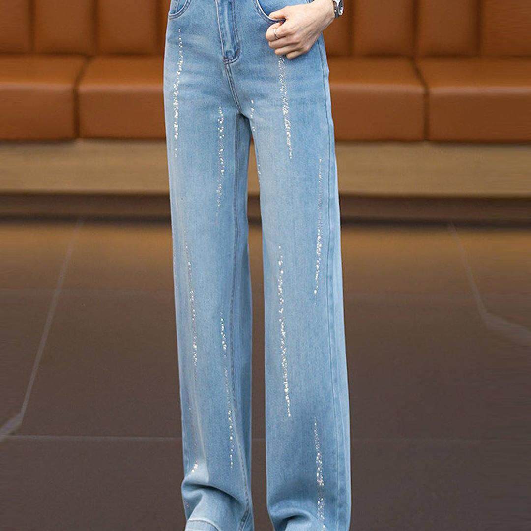 时尚烫钻星闪阔腿牛仔裤女2026春季新款宽松显瘦百搭窄版直筒长裤