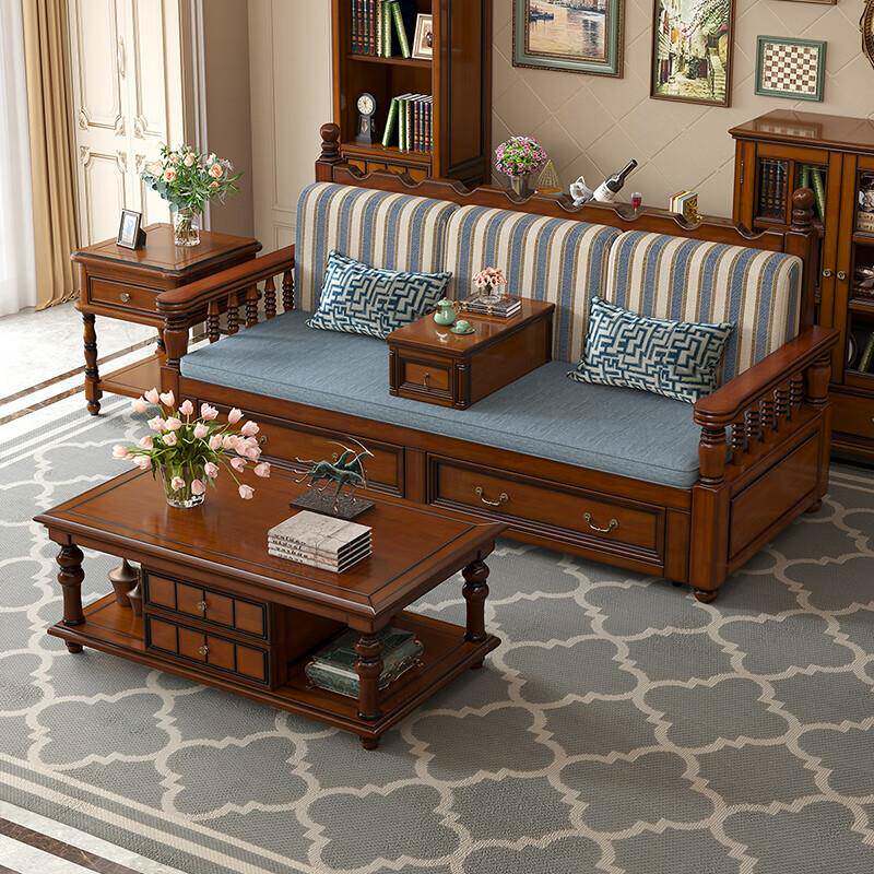 美式复古乡村实木沙发床可推拉折叠双人罗汉床小户型伸缩坐卧两用