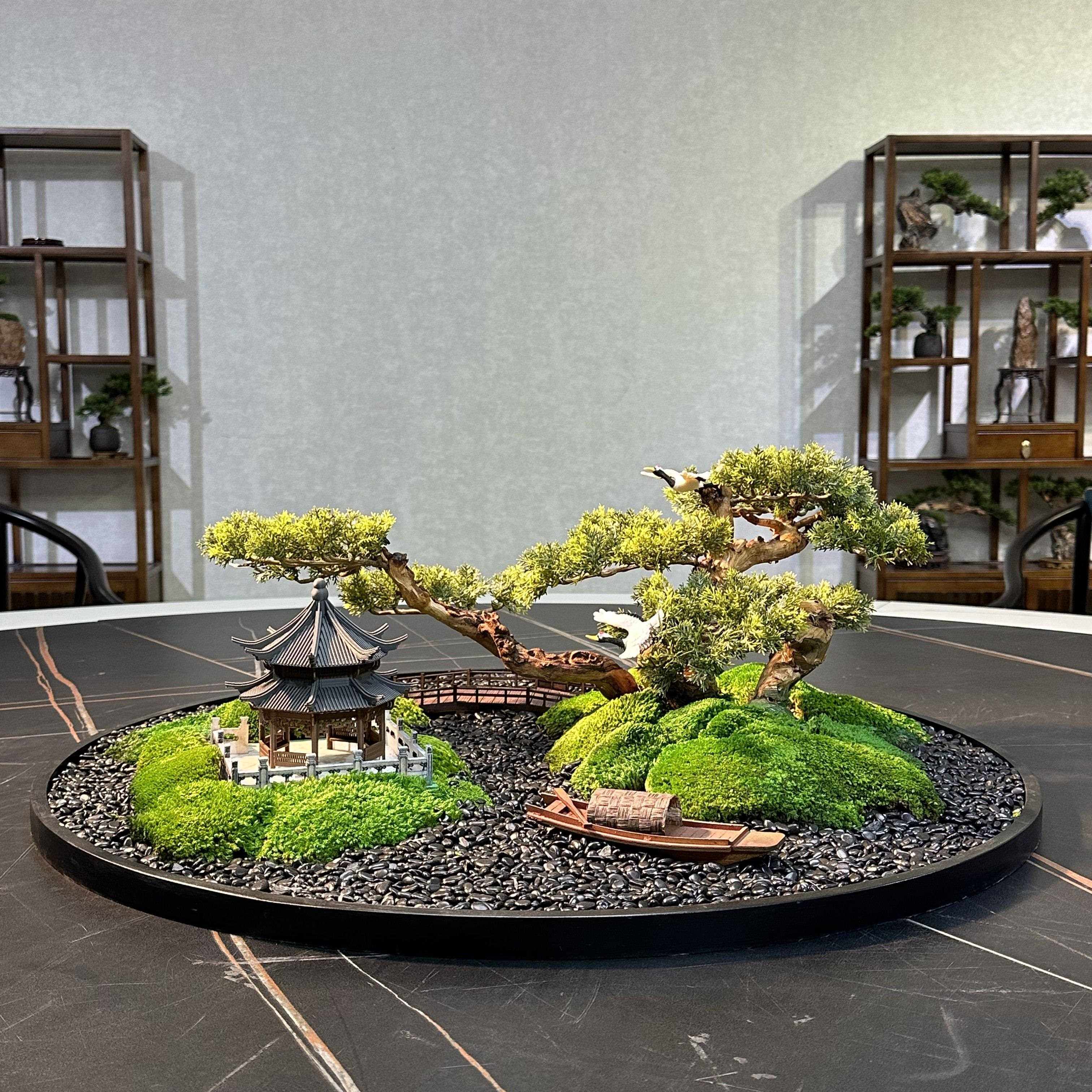 餐桌转盘中间摆花大圆盘绿植摆花永生苔藓圆形微景观餐桌花摆件