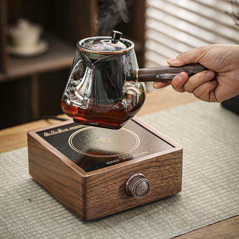 胡桃木电陶炉家用室内加厚玻璃耐高温煮茶壶茶水分离煮茶器侧把壶
