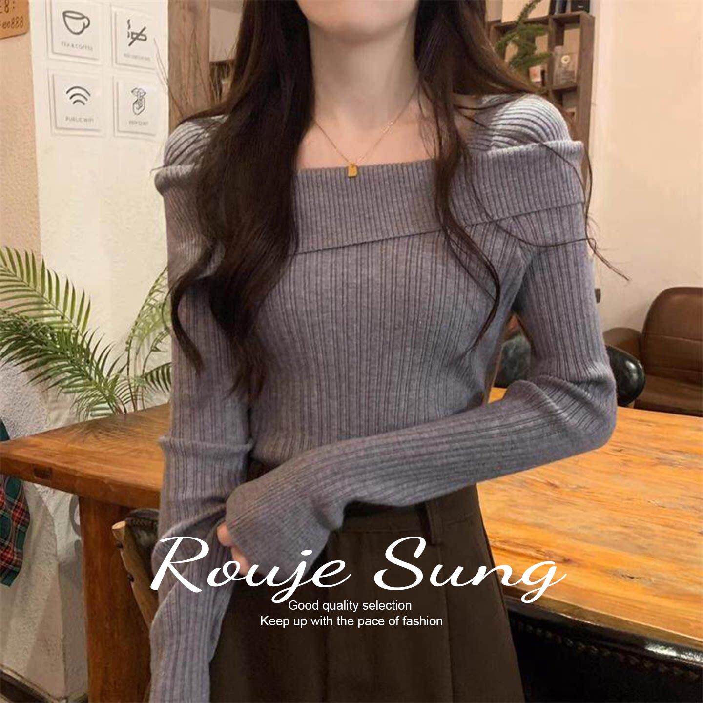 ROUJE SUNG时尚设计纯欲一字肩打底针织衫女秋冬内搭毛衣法式上衣