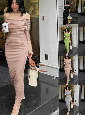 Tight pleated long skirt with one shoulder for slimming