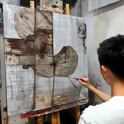 《禅意莲荷》酒店名宿装饰画禅意大芬村纯手绘油画肌理高级感挂画