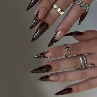 24Pc Leopard Print French False Nails Long Stiletto Press on