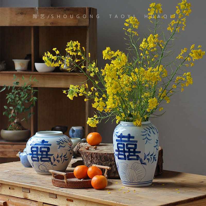 手绘青花瓷花瓶陶瓷复古瓷罐直宽口新中式花瓶摆件客厅插花喜福字