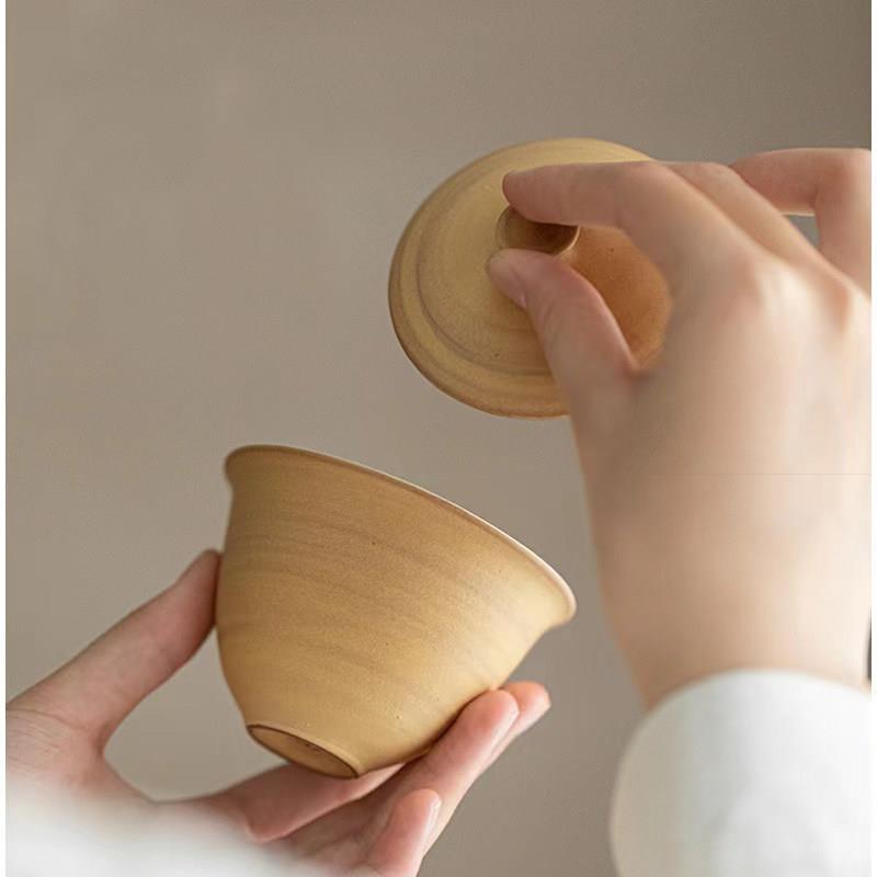 粉引兰花型盖碗侘寂化妆土薄胎手工粗陶茶具泡茶碗高档陶瓷盖碗