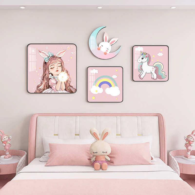 卡通少儿房装饰画公主房女孩卧室温馨床头挂画粉色背景墙挂墙壁画